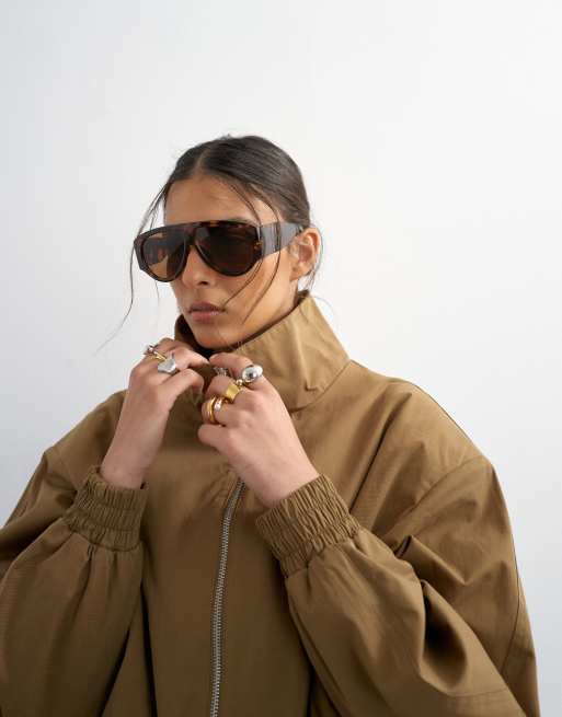 Topshop - Veste en coton à fermeture éclair et cordon coulissant - Kaki, 3 de 4