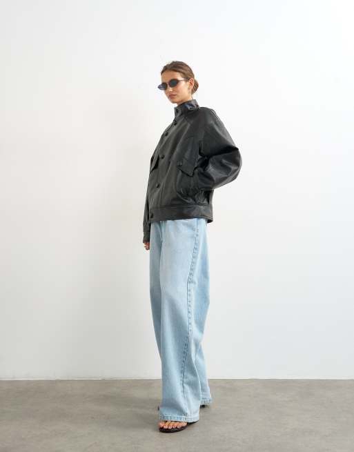 Topshop veste en imitation cuir à col cheminée boutonnée noire, 2 de 4