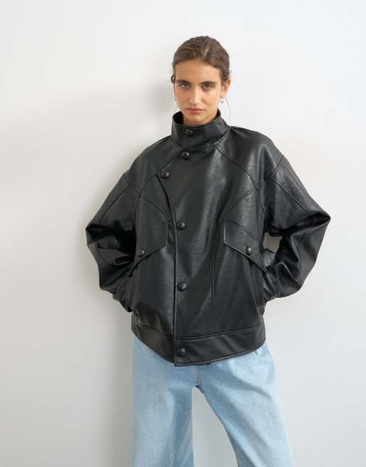 Topshop veste en imitation cuir à col cheminée boutonnée noire, 4 de 4