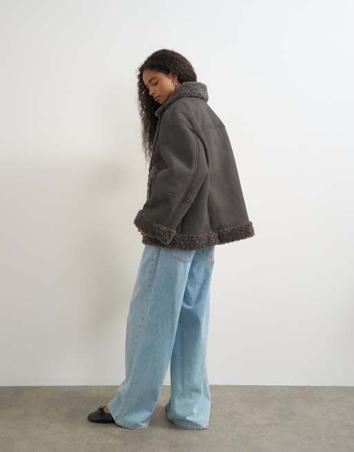 Topshop veste en imitation peau de mouton gris charbon, 2 de 4