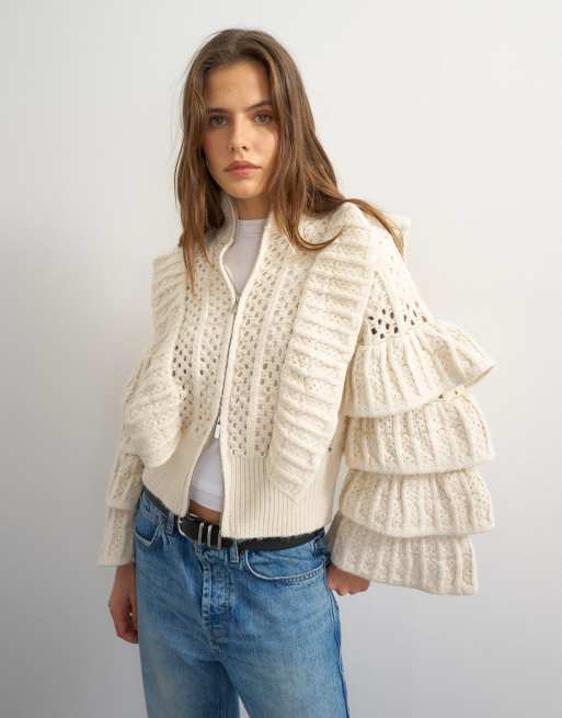 Topshop veste en maille à col cheminée montant volanté zippée intégralement, crème, 3 de 4