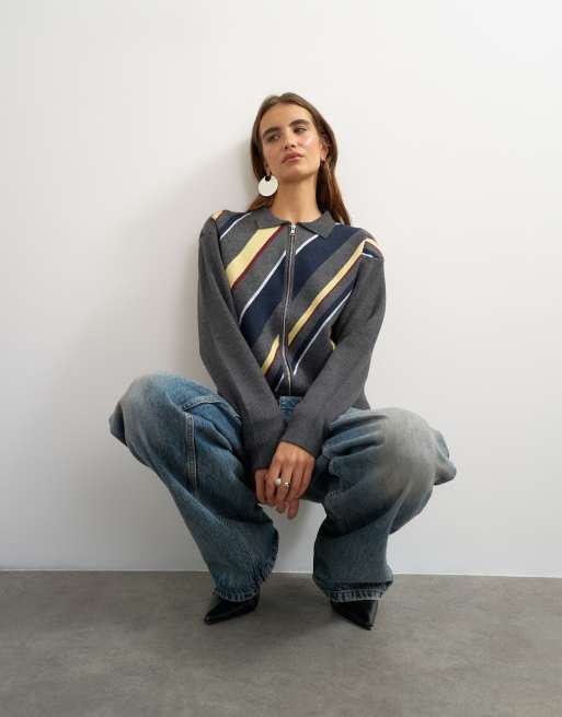 Topshop veste en maille asymétrique à rayures gris multicolore