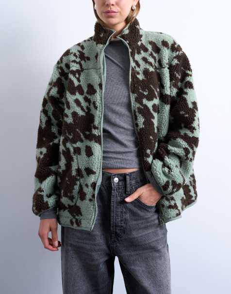 Topshop - Veste en polaire à imprimé vache avec liserés sarcelle contrastants - Marron et sarcelle - view 1