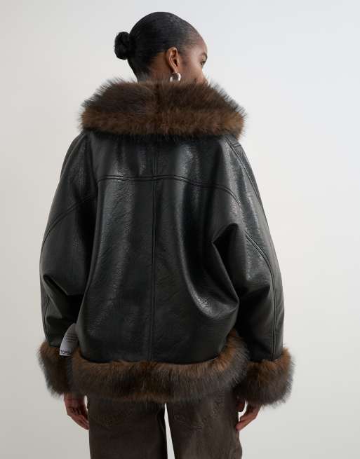 Topshop - Veste en PU bordée de fausse fourrure - Noir, 4 de 4