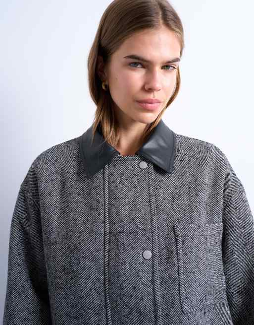Topshop - Veste en sergé avec col en similicuir contrastant - Noir, 4 de 4