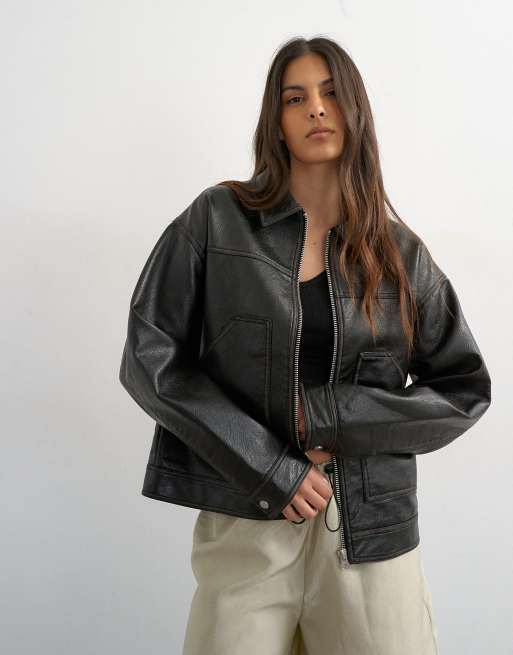 Topshop - Veste en similicuir zippée à poches plaquées - Noir délavé, 2 de 4