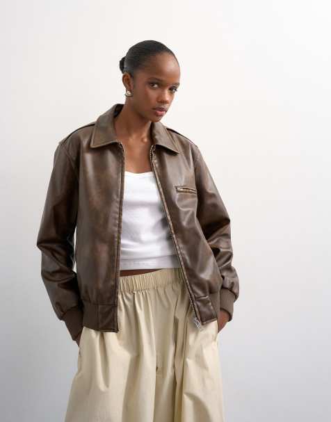 Topshop - Veste imitation cuir à fermeture éclair - Marron - view 1