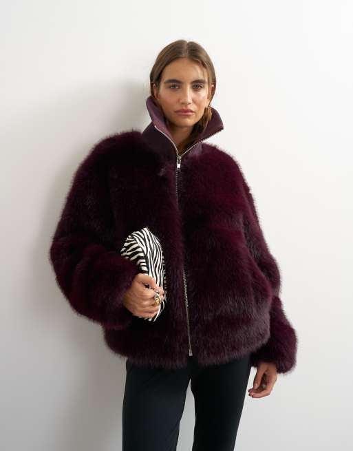 Topshop veste oversized en faux-fur à col cheminée couleur aubergine, 4 de 4