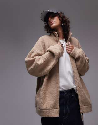 Topshop - Veste polaire zippée à col cheminée en imitation peau de mouton - Camel-Neutral