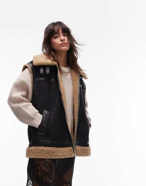Topshop - Veste sans manches imitation peau de mouton et daim - Noir - view 1
