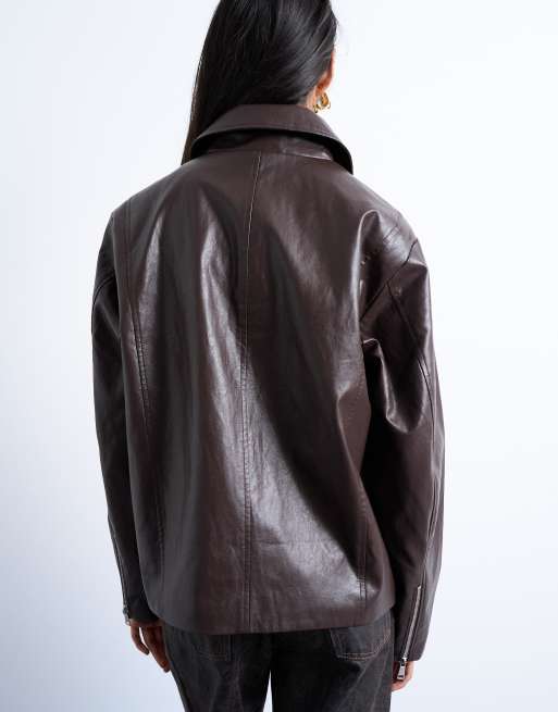 Topshop - Veste zippée coupe épurée en similicuir - Bordeaux foncé, 4 de 4