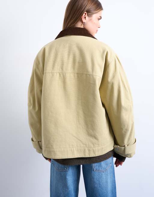 Topshop - Veste zippée devant avec col en velours côtelé contrastant - Beige délavé, 2 de 4