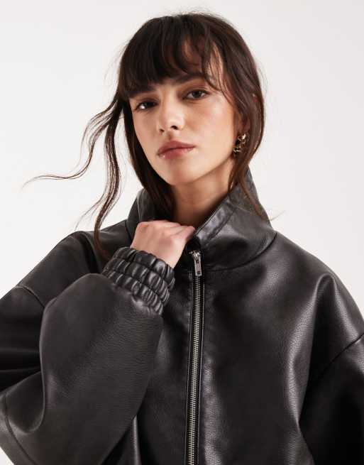 Topshop - Veste zippée en imitation cuir avec cordon de serrage à la taille et col cheminée - Noir, 3 de 4