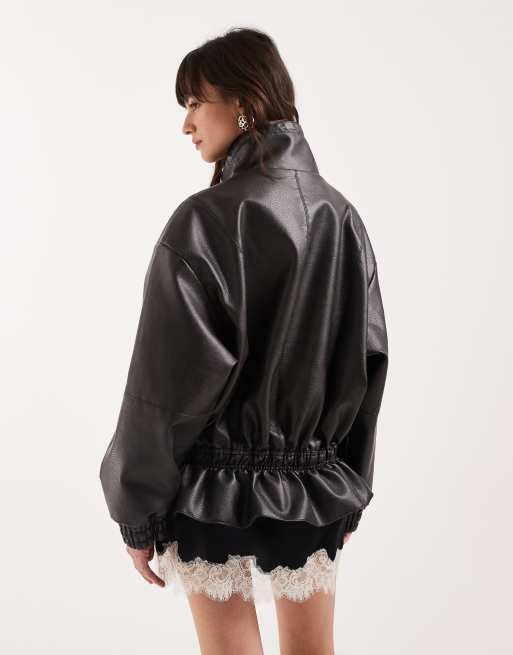 Topshop - Veste zippée en imitation cuir avec cordon de serrage à la taille et col cheminée - Noir, 4 de 4