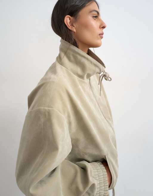 Topshop - Veste zippée en imitation cuir avec cordon de serrage à la taille - Taupe, 4 de 4