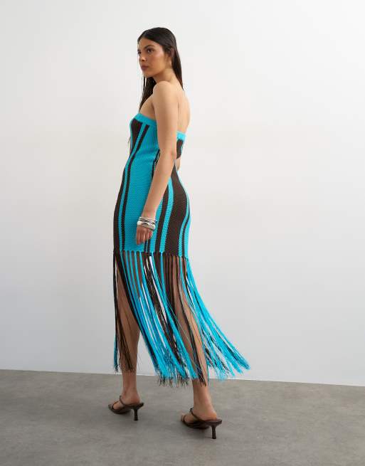Topshop - Vestido a rayas marrones y turquesas llamativas con flecos de punto, 4 de 4