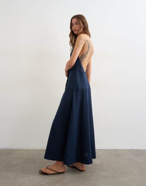 Topshop - Vestido largo azul marino oscuro cruzado con cuello halter de tejido rico en lino premium - view 1