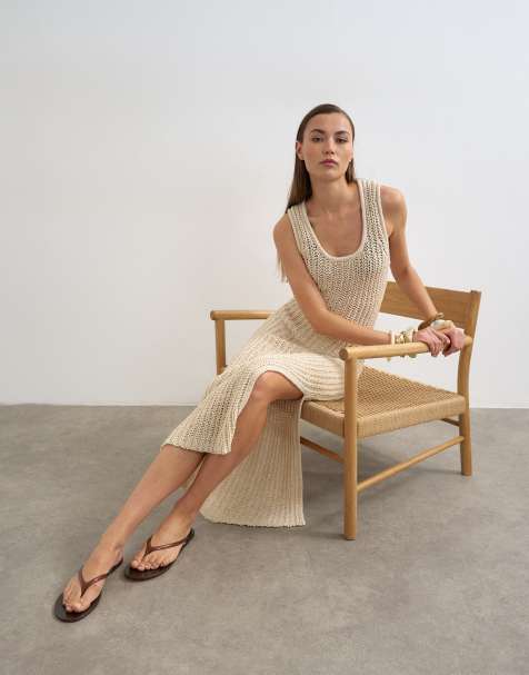 Topshop - Vestido largo beis piedra con cuello ancho bajo de punto - view 1