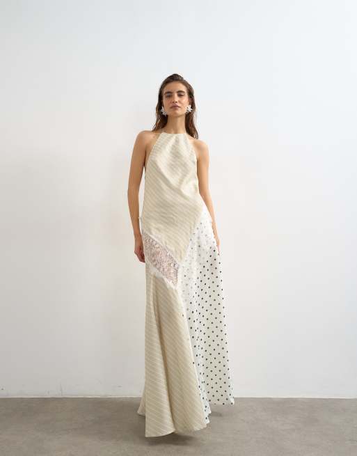 Topshop - Vestido largo con estampado de lunares y rayas en contraste, cuello halter e insertos de encaje, 2 de 4