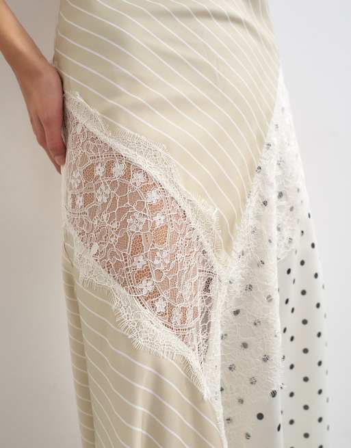 Topshop - Vestido largo con estampado de lunares y rayas en contraste, cuello halter e insertos de encaje, 3 de 4