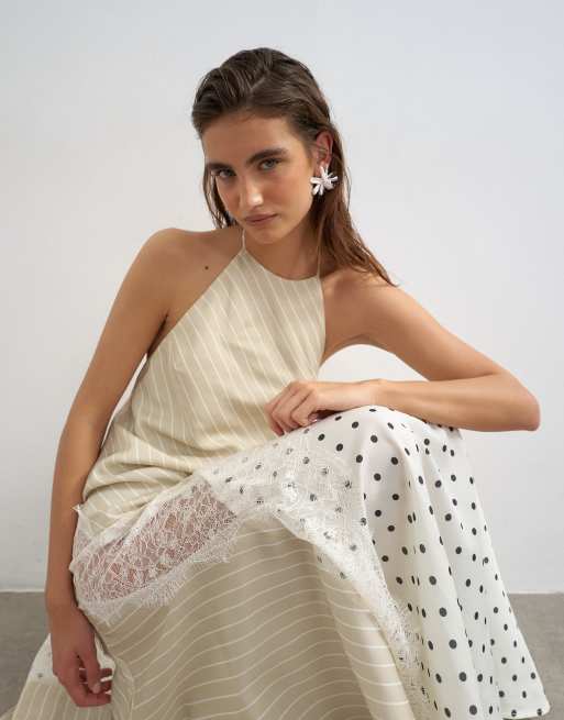 Topshop - Vestido largo con estampado de lunares y rayas en contraste, cuello halter e insertos de encaje, 4 de 4