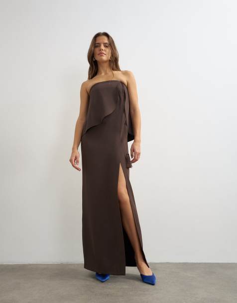 Topshop vestido largo de crepé grueso con parte superior plegada, bandeau y detalle de borlas en chocolate - view 1