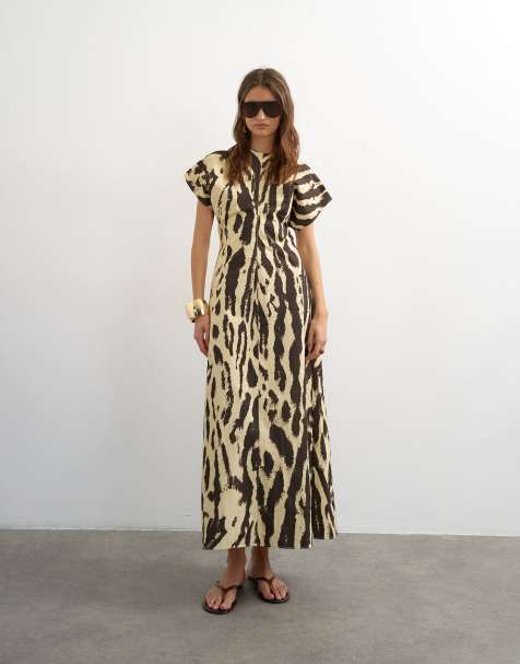 Topshop - Vestido largo monocromático estructurado con estampado animal y hombros caídos de sarga de algodón - view 1