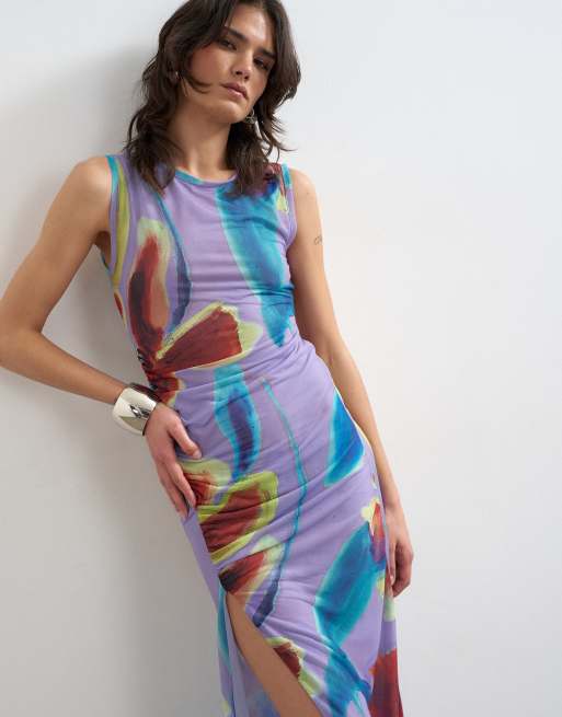 Topshop - Vestido largo morado fruncido con estampado floral de malla, 2 de 4
