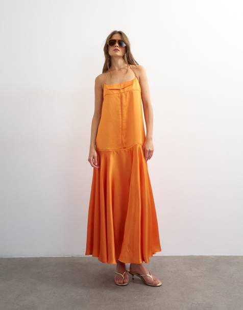Topshop - Vestido largo naranja rojizo con costuras y bordes ribeteados de satén - view 1