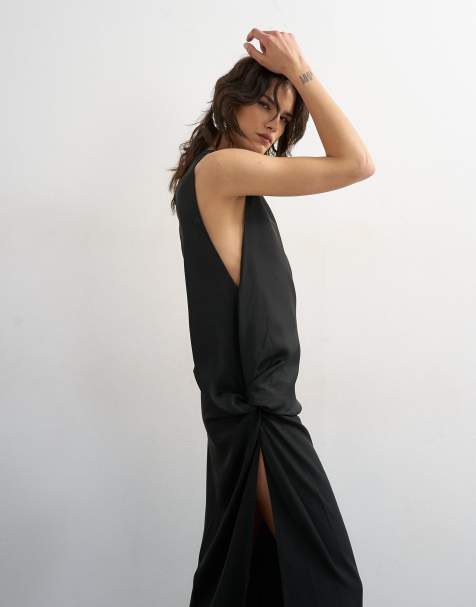 Topshop - Vestido largo negro sin mangas con detalle retorcido en el lateral de crepé - view 1