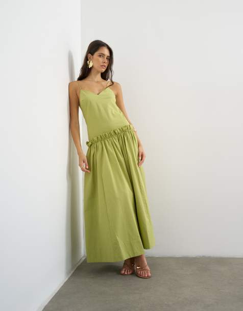 Topshop - Vestido largo verde con detalle de volantes con bordes sin rematar de algodón premium - view 1