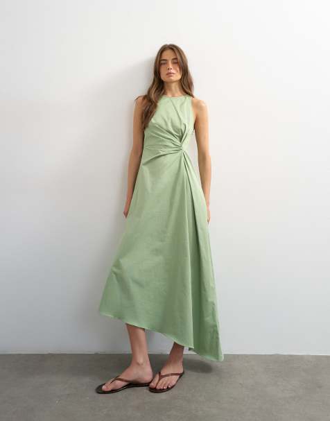 Topshop - Vestido largo verde salvia con cuello de nadadora y detalle fruncido en el lateral de sarga de algodón - view 1