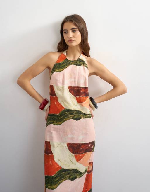 Topshop - vestido maxi con cuello halter y espalda baja con estampado abstracto, 3 de 4