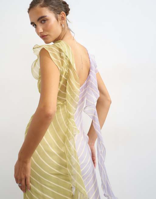 Topshop - vestido maxi de gasa con detalle de bufanda a rayas moradas y verdes, 2 de 4
