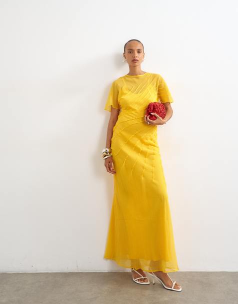 Topshop - vestido maxi de gasa transparente con detalles de alforzas en Marigold - view 1