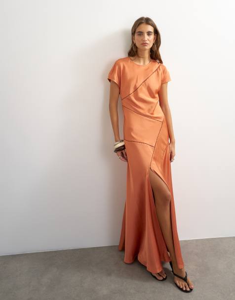 Topshop - vestido maxi de manga corta con detalle de paneles satinados en naranja - view 1