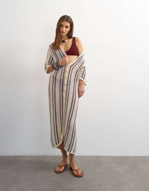 Topshop - Vestido midi color crudo a rayas con cuello tipo polo de punto calado, 1 de 4