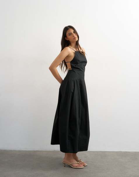 Topshop - Vestido midi negro de corte barrel con escote cuadrado y espalda al aire de popelina - view 1