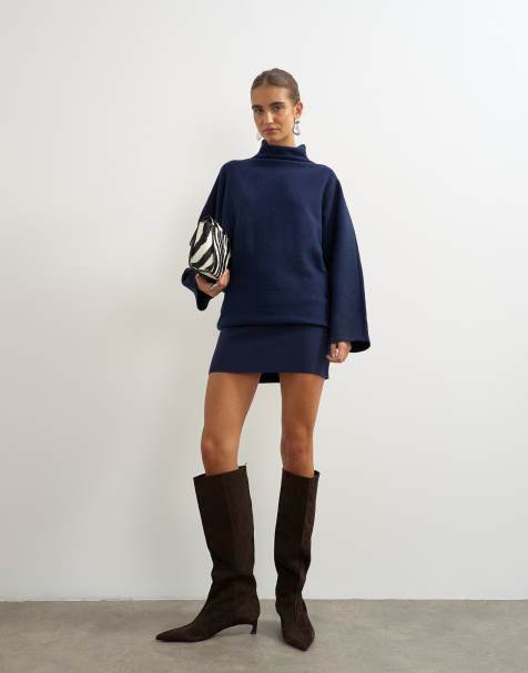 Topshop vestido mini de punto de manga larga con lana en azul marino - view 1