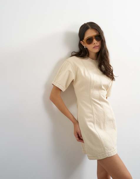 Topshop - Vestido vaquero corto blanco hueso de manga corta - view 1
