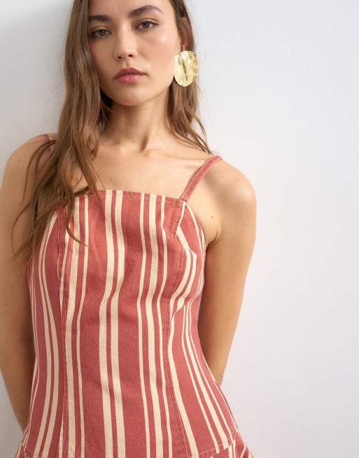 Topshop - Vestido vaquero largo rojo a rayas de corte barrel, 2 de 4