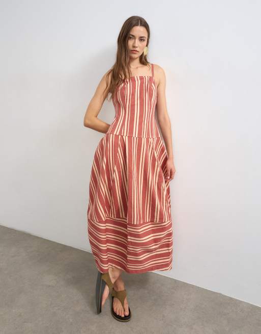 Topshop - Vestido vaquero largo rojo a rayas de corte barrel, 3 de 4