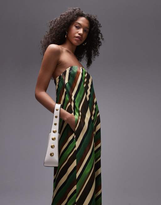 Topshop - Vestito a fascia lungo in raso verde a righe, 2 di 4