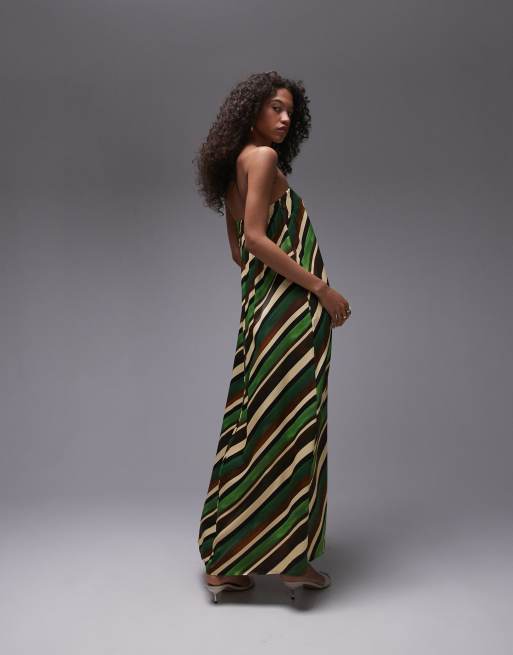 Topshop - Vestito a fascia lungo in raso verde a righe, 3 di 4