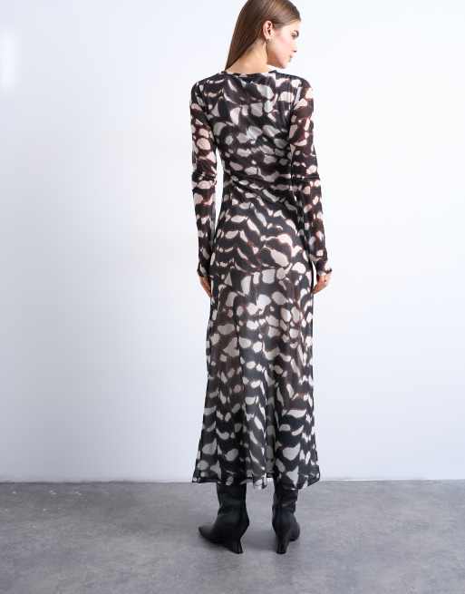 Topshop - Vestito a maniche lunghe lungo in rete multicolore con stampa animalier, 3 di 4