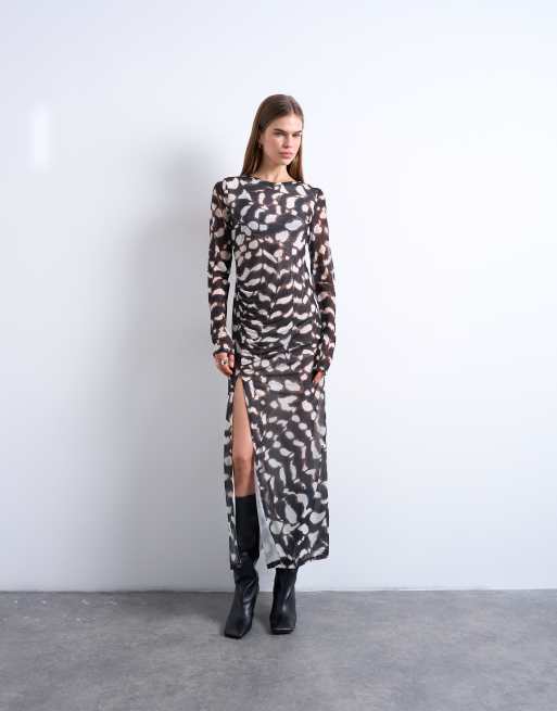 Topshop - Vestito a maniche lunghe lungo in rete multicolore con stampa animalier, 4 di 4