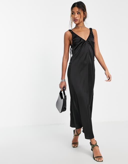 Topshop - Vestito a sottoveste in raso con ruches, colore nero