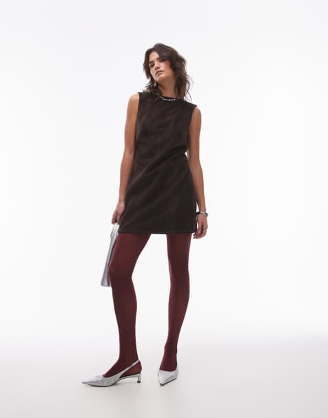 Topshop - Vestito a trapezio in denim a coste marrone - view 1