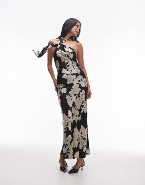 Topshop - Vestito allacciato al collo nero a fiori color avorio - view 1