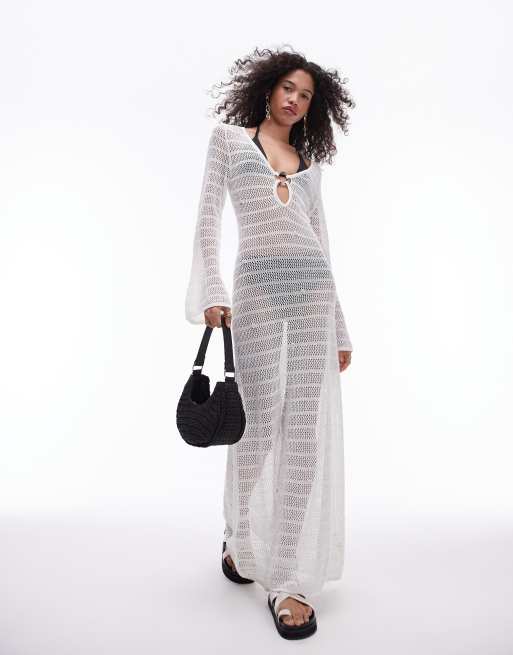 Topshop - Vestito bianco da spiaggia in maglia con decorazioni a conchiglia